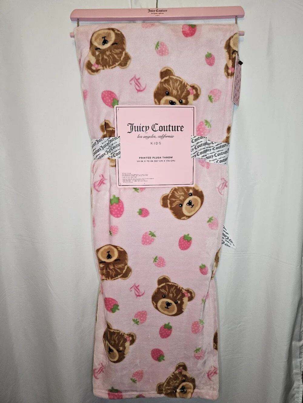 Juicy Couture Kids Pink Teddy Bear & Strawberry Plush Throw Blanket NWT